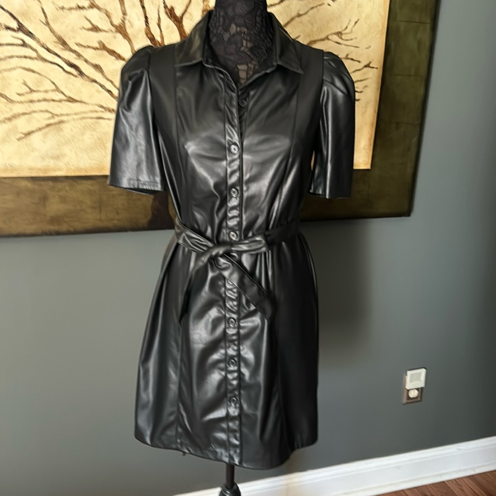 Coated Belted Button Dress w slightly puffed sleeves